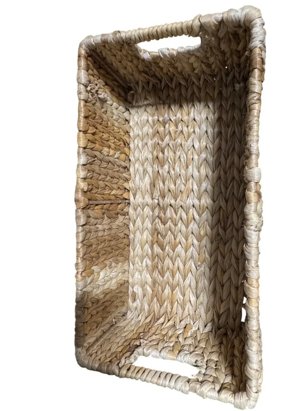 Handwoven Rectangular Water Hyacinth Basket With Handles For Storage Or Decor